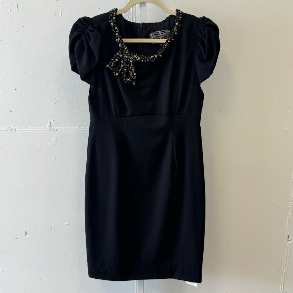 James Coviello NY Wool Beaded Neckline Sheat Mini Black Dress‎ Sz 8